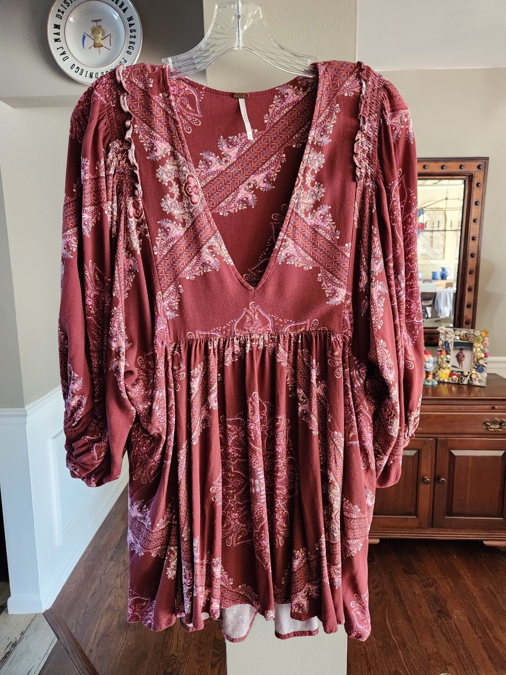 Free People Burgundy Paisley V-Neck Mini Dress With Pockets Size Medium